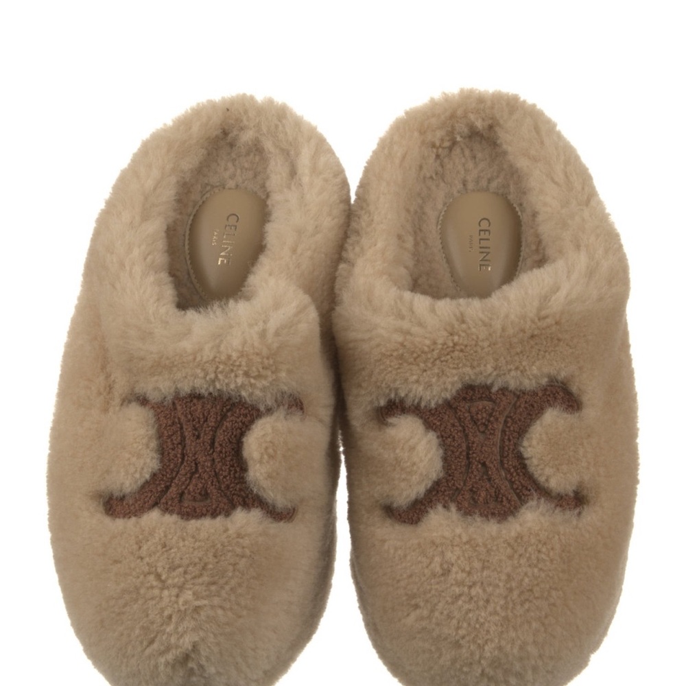Celine Beige Shearling Slippers